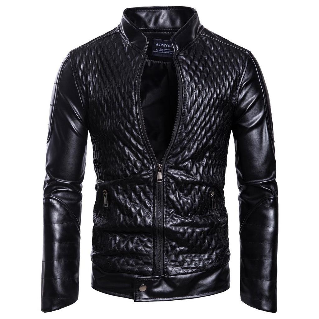 Men's Stand-Up Collar Zipper Leather Jacket - Solid Color, Casual European & American Style for Autumn/Winter 2023