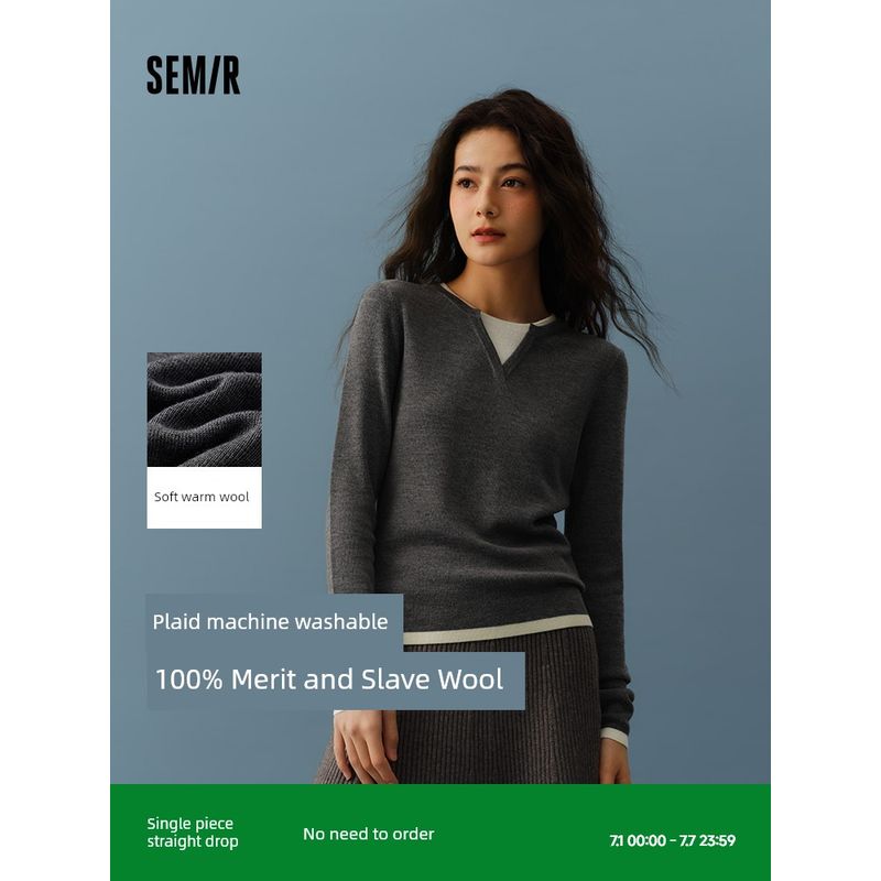 

Senma Contains Wool round Neck False Two Pieces Color Matching Sweater Mat neck-Black(100% sheep wool]) 155/80A/S