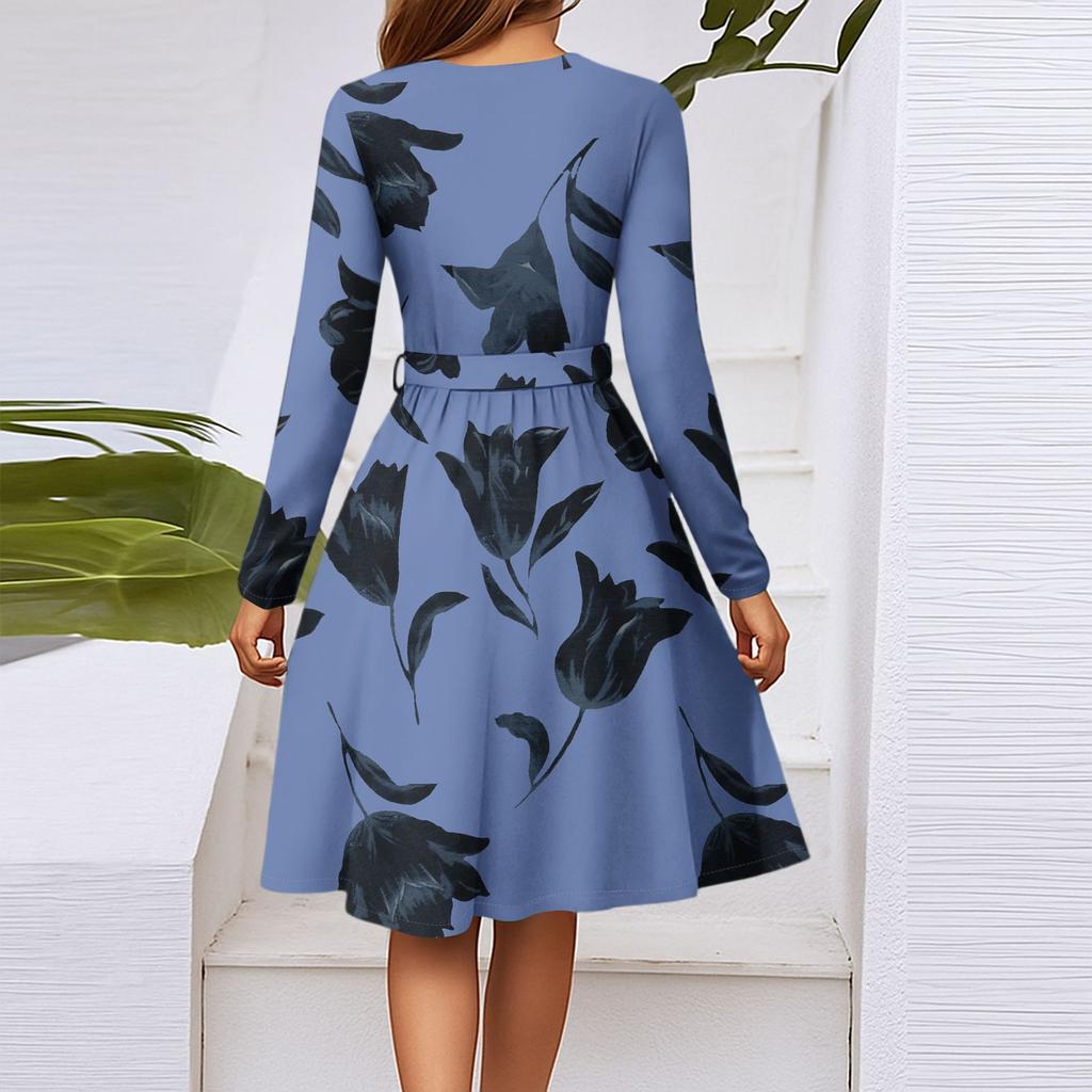 Women's Fashion Casual V-Neck Long Sleeve Waist Floral Print Midi Dress