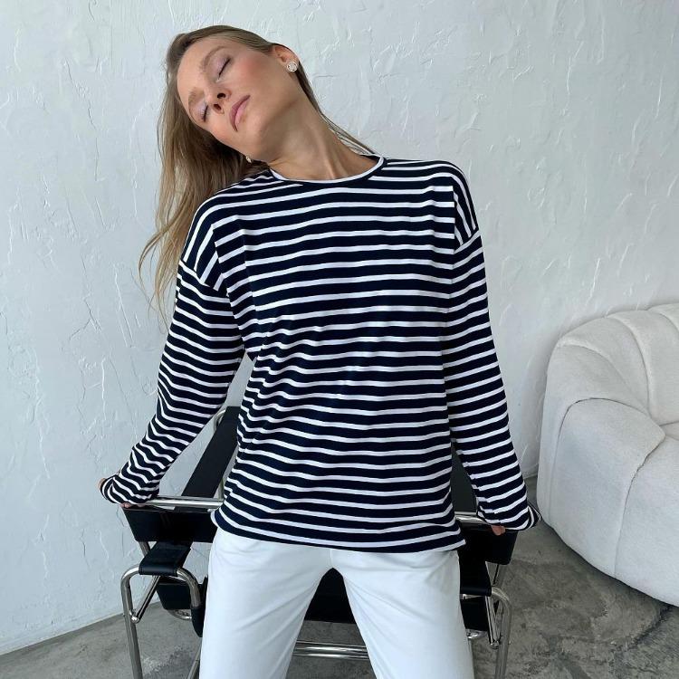 Women Summer Stripe Long Sleeve Tshirt O Neck Casual Top