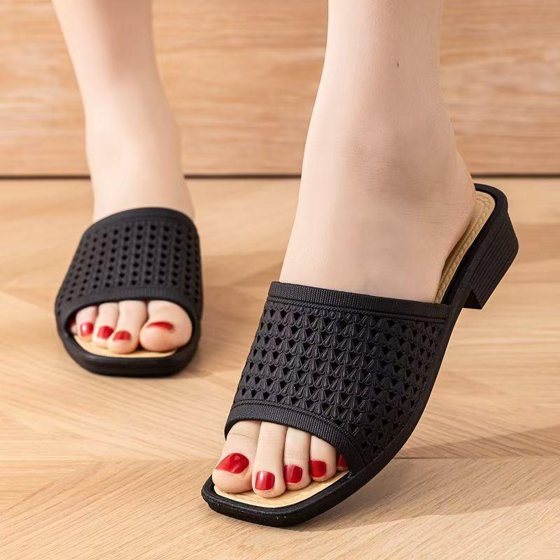 Women's Summer New Open Toe Low Heel Slippers Injection Molding Soft Sole Non Non Hollow Out Home Slippers Outdoor Beach Slipper