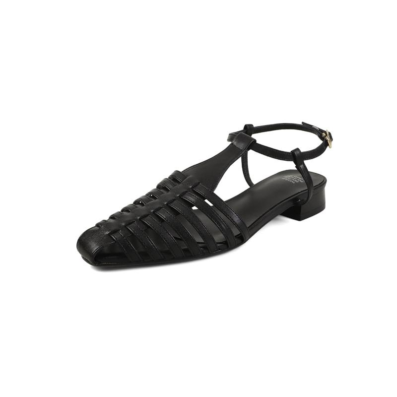 Fashion Women's new summer leather cowhide hollow breathable retro pointed elastic belt buckle low heel toe Roman sandals
