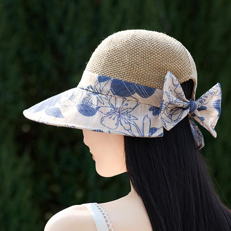 Chapéu florido retro novo de primavera e verão para mulheres, aba grande, laço, viseira de proteção solar, chapéu de praia para férias na beira-mar