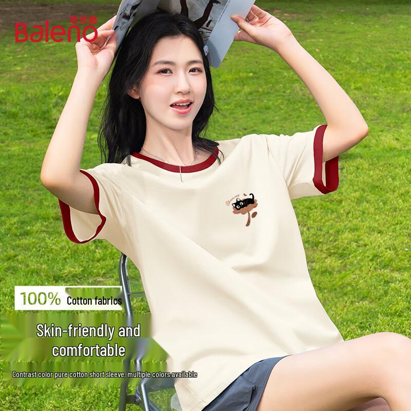 Baleno Women s Pure Cotton Loose Fit Color Block Short Sleeve T-Shirt L