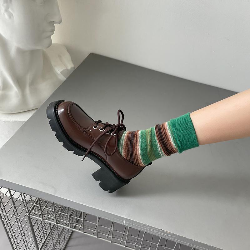 New Fashion Genuine Leather Women Shoes Casual Loafers Round Toe Platform Shoes Shoes Woman Zapatos De Mujer Women Lace -Up