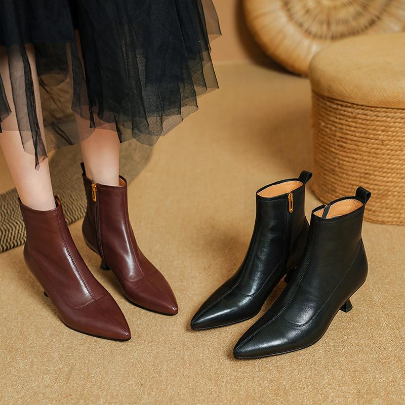 Fashion 2024 Autumn Winter Women Boot Genuine Leather Short Boots for Women Fashion Pointed Toe Med Heels Ladies Shoes Modern Boots