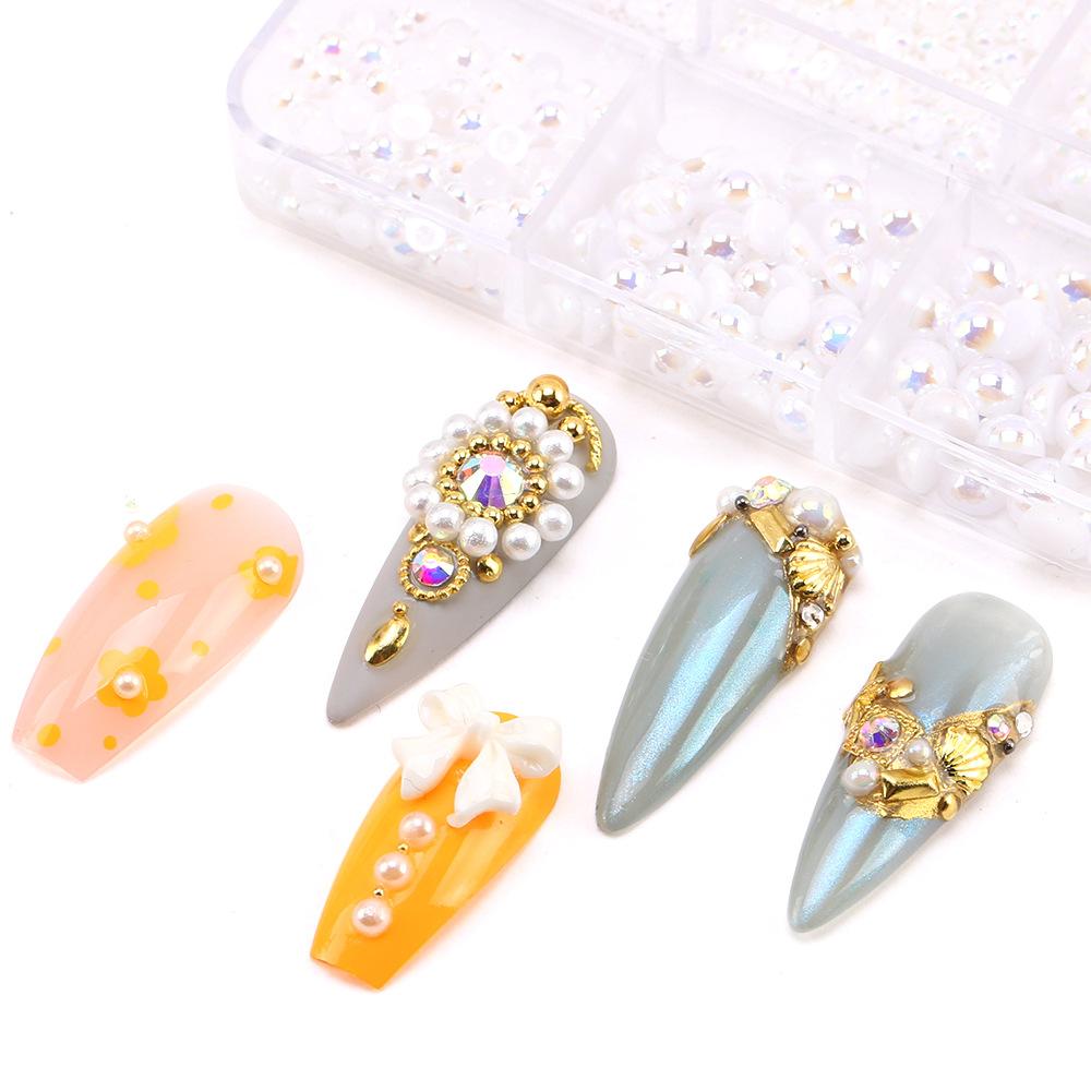 6-Grid Nail Art Pearl Ab Symphony Semicircle Abs Pearl Small Steel Ball Mixed Nail Jewelry