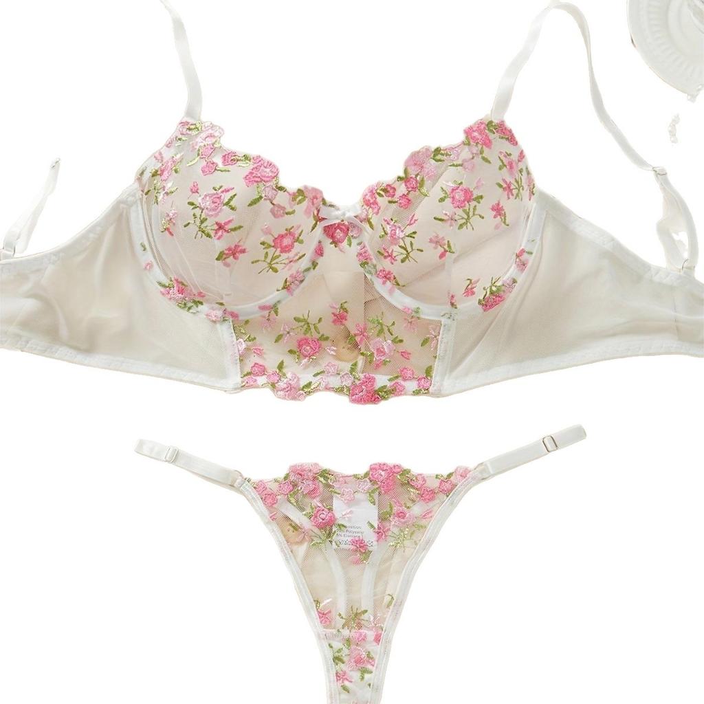 Hot-selling white floral small fresh and comfortable erotic underwear ultra-thin bra European and American women's bra set