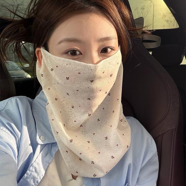 Women Summer UV Sun Protection Face Mask Ice Silk Breathable Thin Ear Loop Floral Print Full Face Neck Cover Cycling