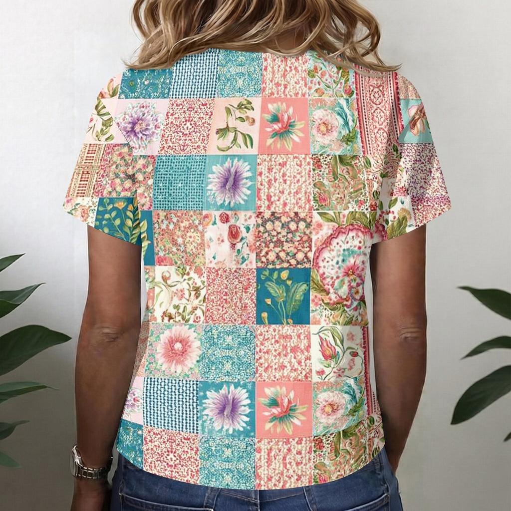 Women's Short Sleeve Shirt Printed Cotton Linen Blouse Casual Button Top
