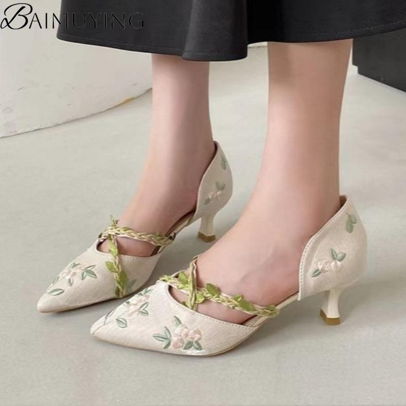 Damen Sandalen mit Absatz Spitzschuhe Stickerei Schuhe Damen Slipper 2025 Trend Elegant Flache Pumps Sommerkleid Sandalias De Mujer