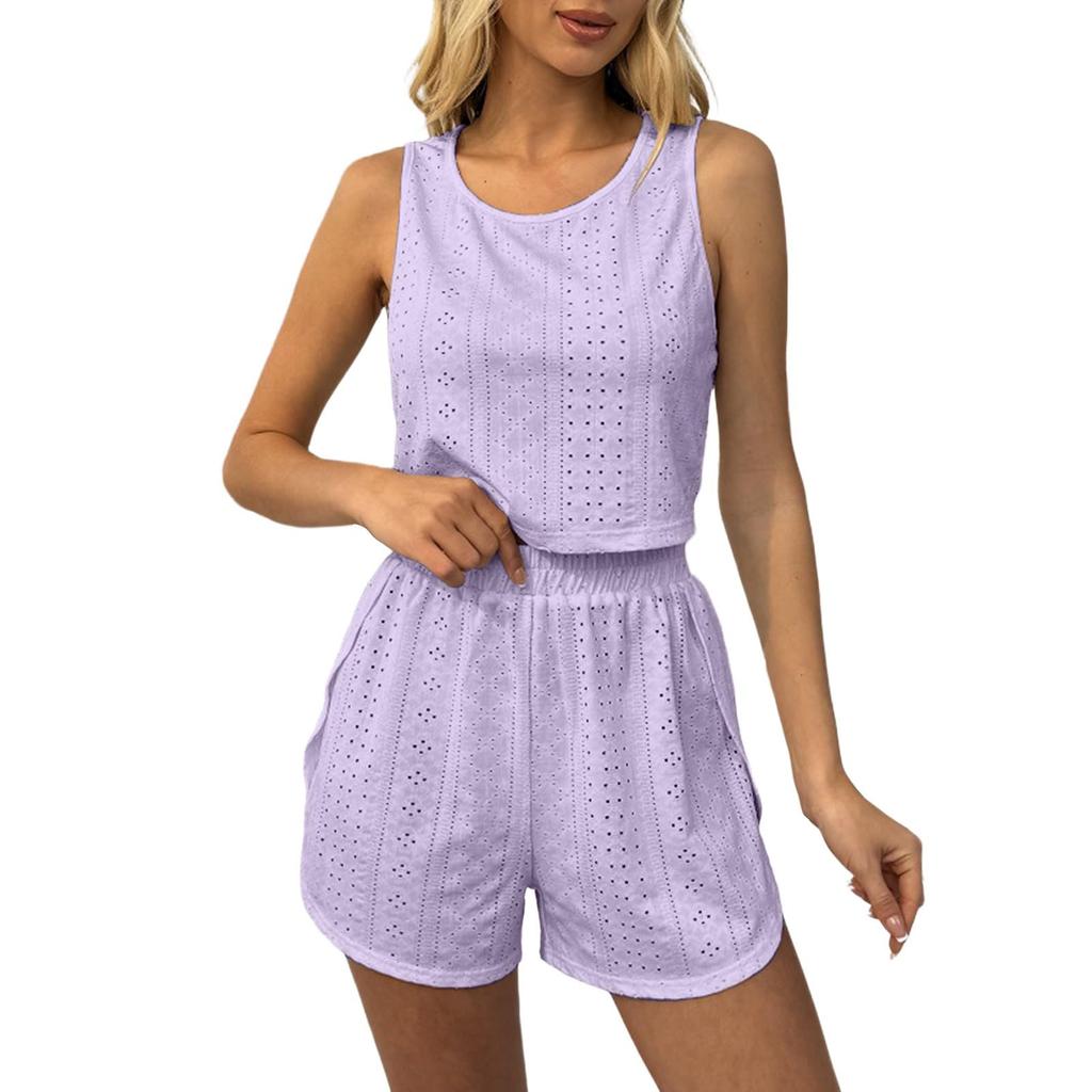 Women's Summer Fashion Sleeveless Vest Top Elastic Waist Shorts Casual Sports Two-piece Set