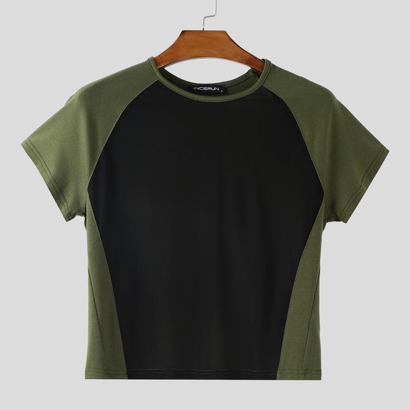 

INCERUN Мужские футболки с коротким рукавом, круглым вырезом, сетчатыми прозрачными вставками, приталенные, укороченные 5XL зелёный