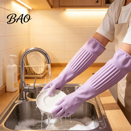 Kitchen Cleaning Accessories Extended Waterproof Dishwashing Gloves, Anti-slip Grip Natural Latex Elbow Length Rubber Gloves for Laundry Protective