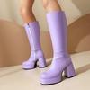 Talla Grande Empeine de Charol Brillante Punta Cuadrada Tacón Super Grueso Forro de Felpa Botas hasta la Rodilla de Mujer Plataforma Cremallera Lateral