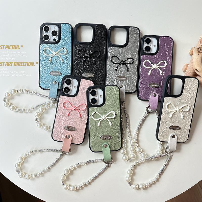Pearl Bracelet Bow Leather Phone Case for Apple 17pro Fashion for IPhone16 Female Model 15plus