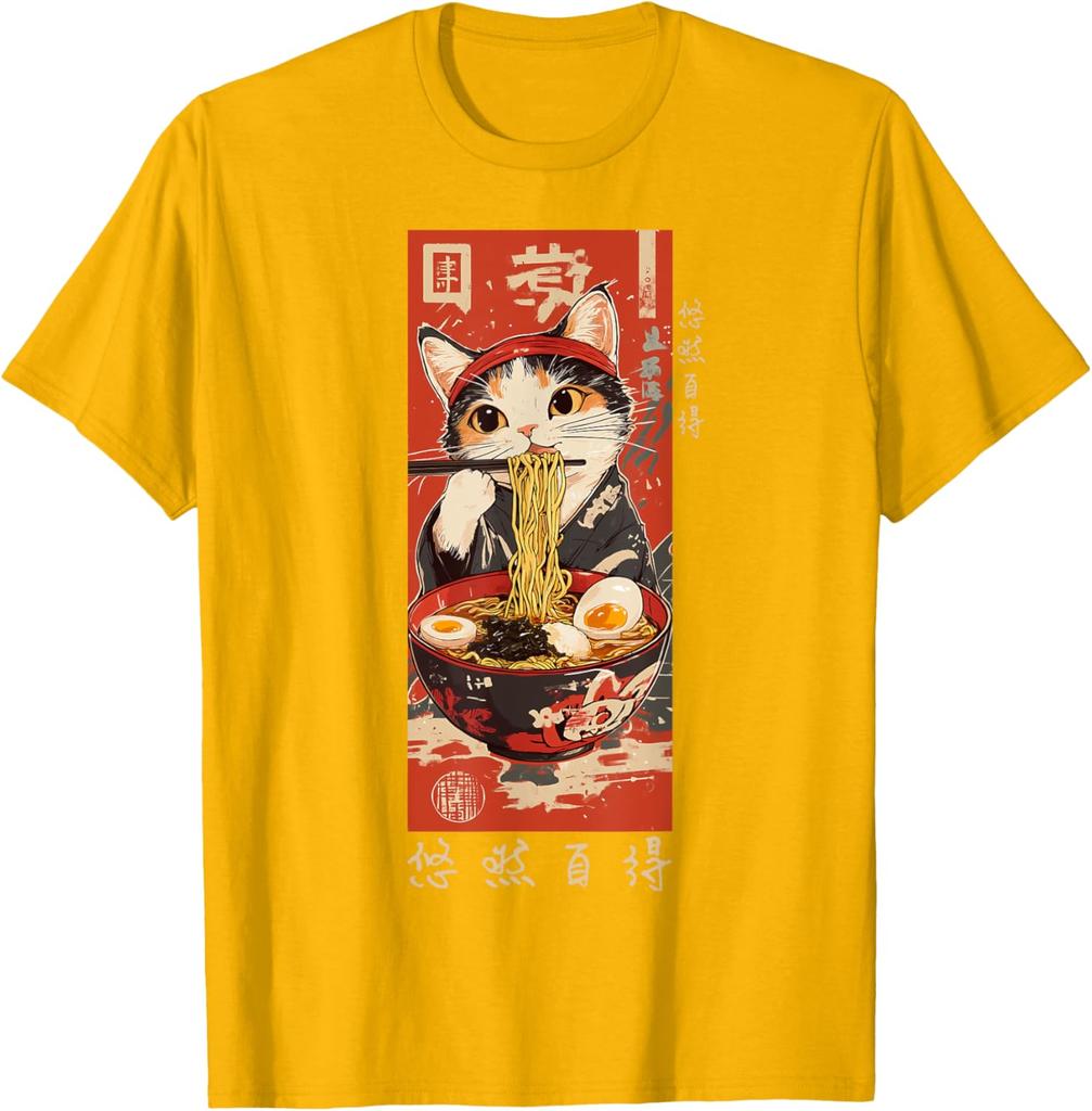 Ramen Cat Eating Noodles Japanese Ukiyoe Style Graphic Tee Casual Cotton TShirt for Men