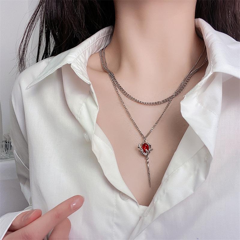 Double Layer Red Zircon Rose Pendant Necklaces Y2K Layered Flower Stone Chain Necklace Irregular Floral Aesthetic Jewelry Gifts