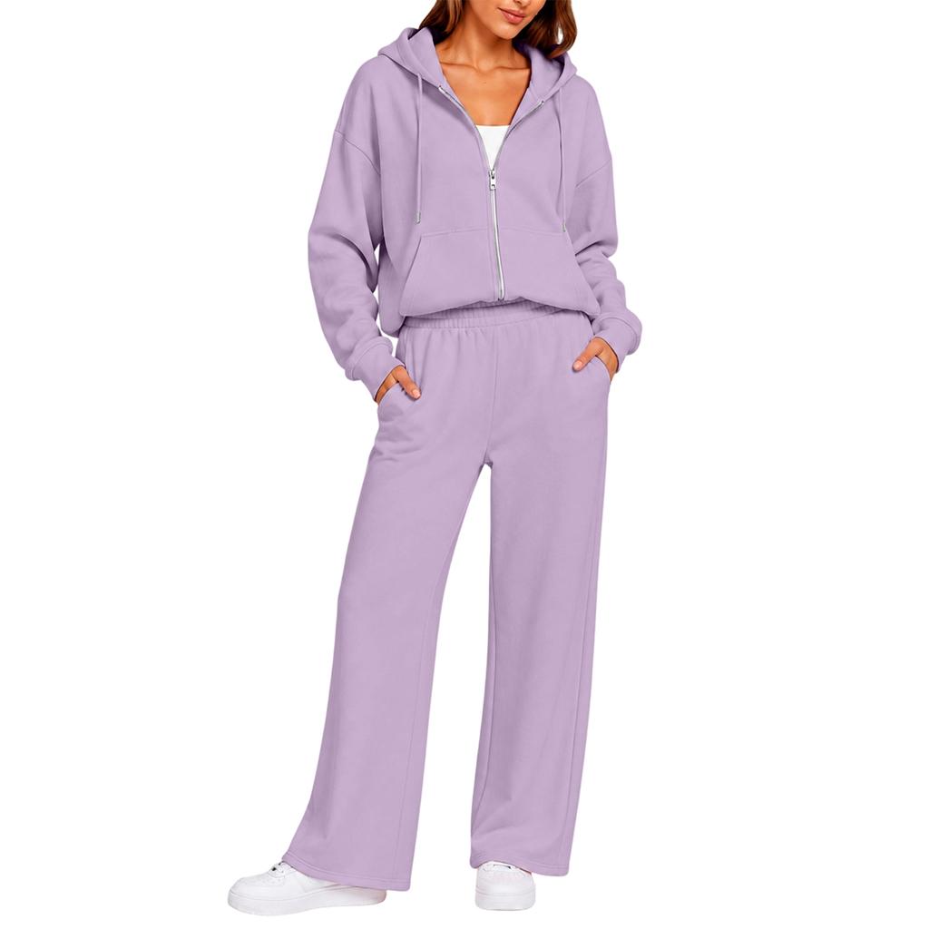 Completo Casual da Donna a Due Pezzi con Cardigan con Zip e Cappuccio e Pantaloni a Gamba Larga
