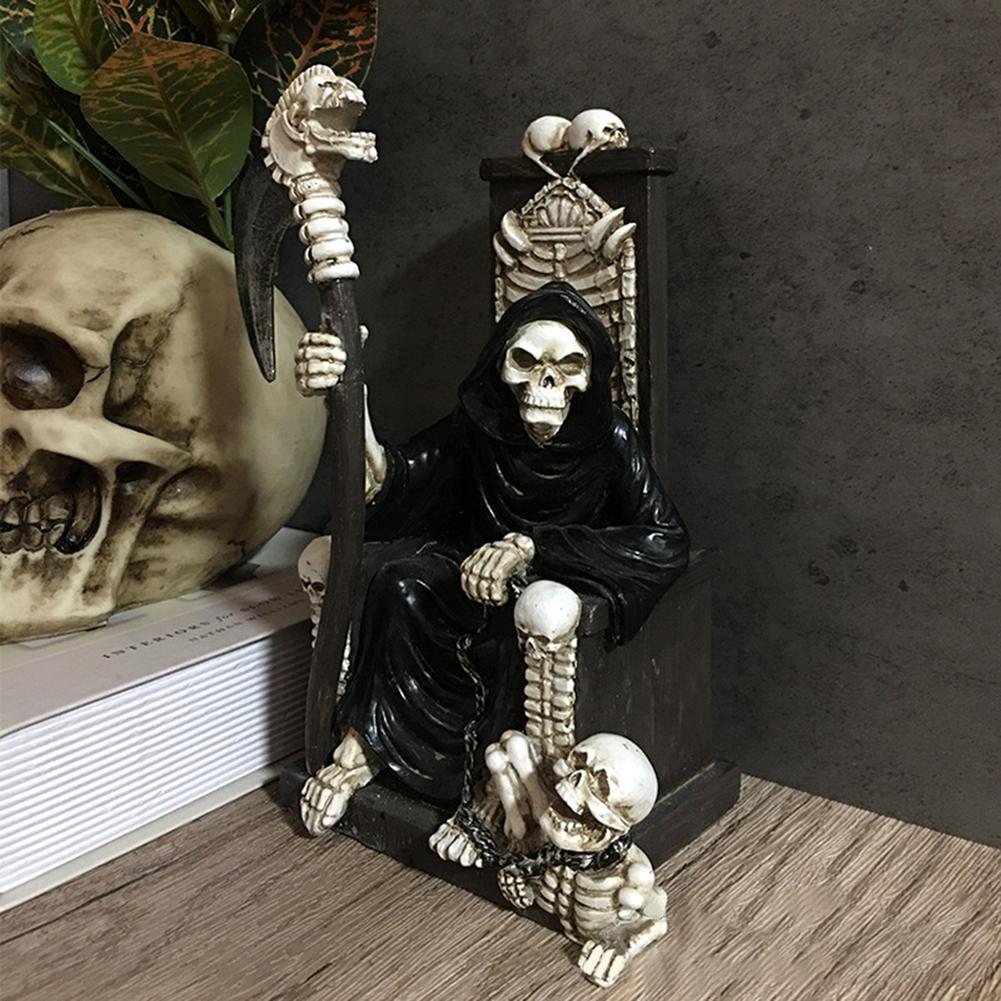 Evil Grim Reaper Statue Reaper On Bone Throne Statue With Scythe For Halloween Spooky Gothic Decoration Sculptures Fantasy Decor