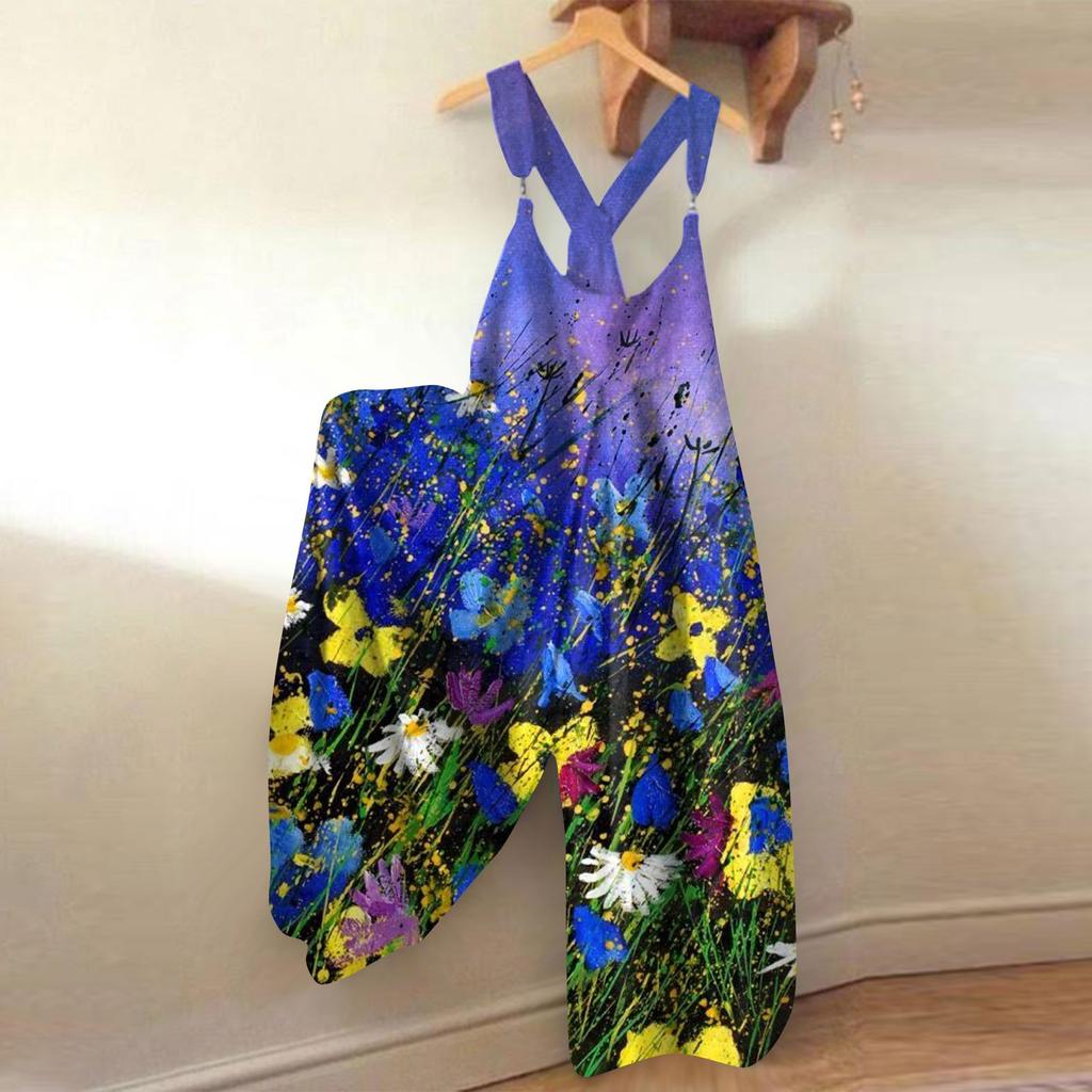 Wide Leg Overalls For Women Casual Loose Sleeveless Jumpsuits Retro Print Metal Button Long Pant Romper Jumpsuit With Pockets