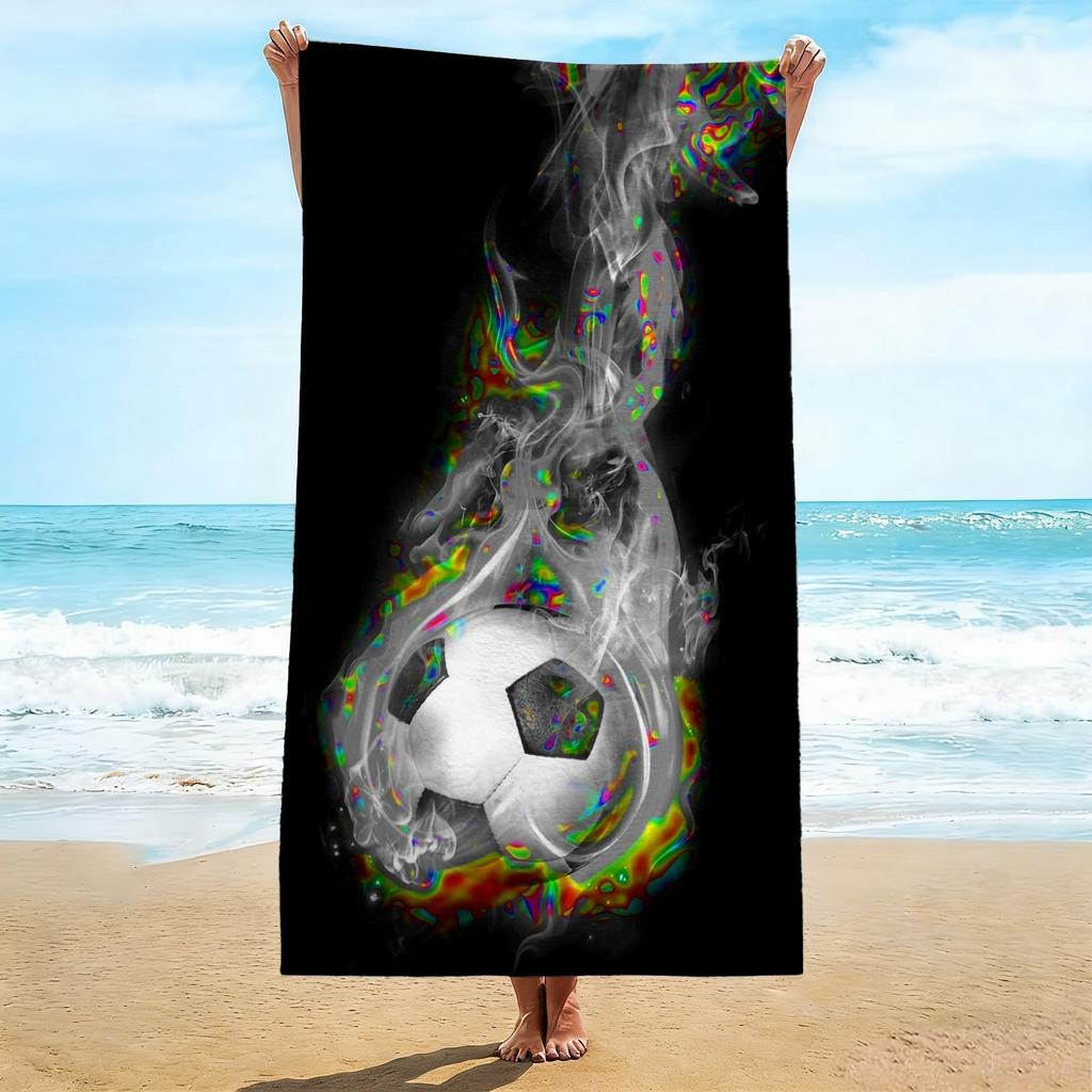 Dynamic Sports Beach Towel, Black Background Glitch Flame Soccer Ball Print Bath Towel, Stylish Soccer Fan Beach Blanket 1pcs