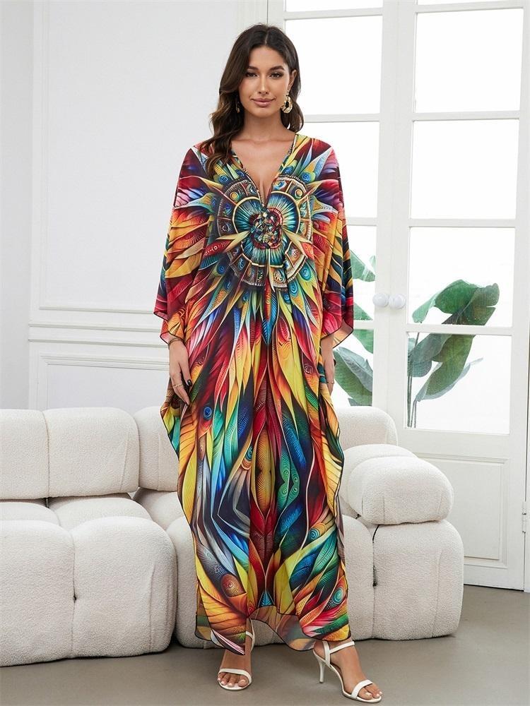 Women Plus Size Kaftan Dress Bohemian Printed Beach Swim Suit Summer Long Homewear Colorful Outfit