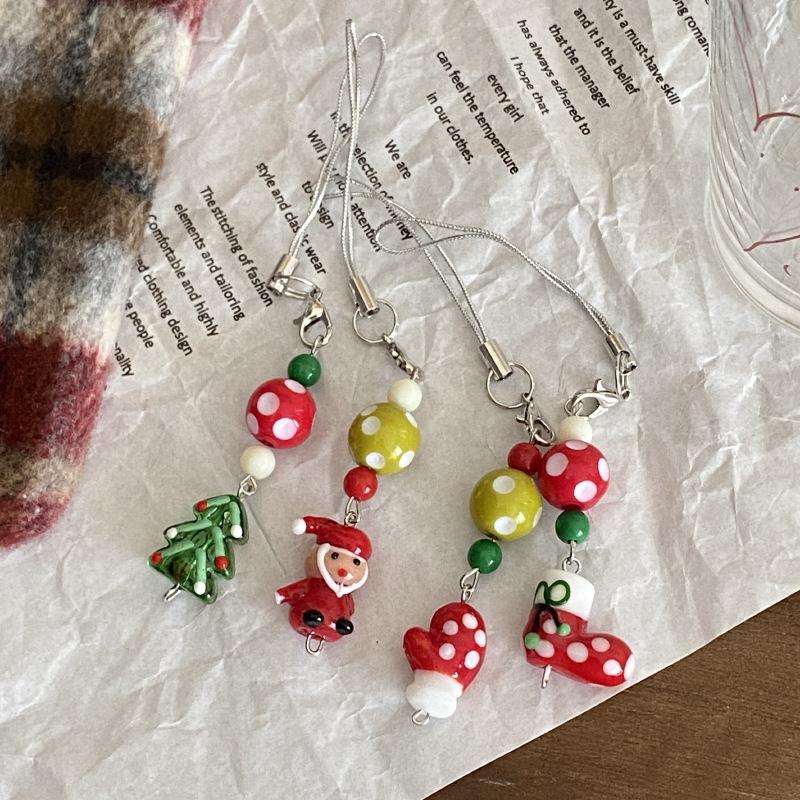 Cute Christmas Tree Snowman Crystal Bead Mobile Phone Pendant Exquisite Bag Hanging Decoration Sweet Versatile Keychain Gifts