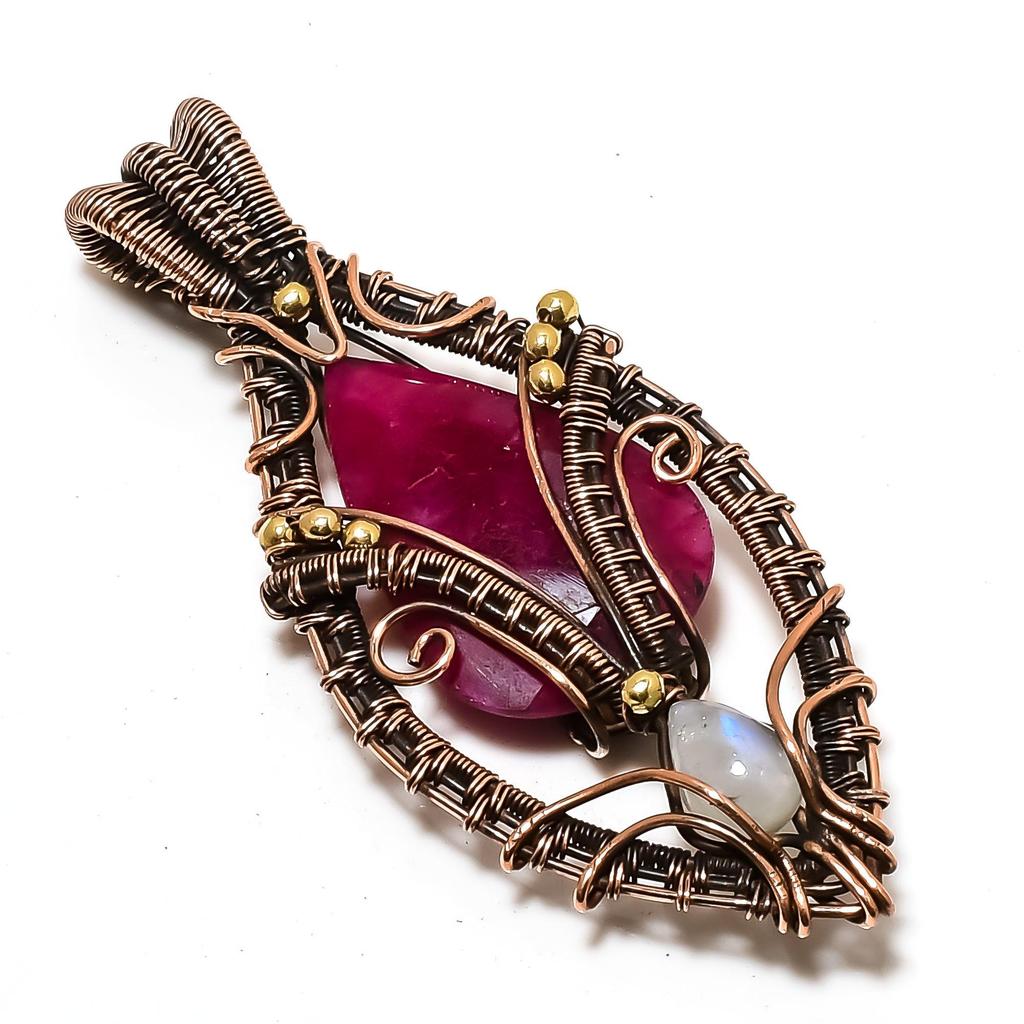 Ruby & Moonstone 999 Copper Wire Wrapped Pendant, Handmade Gemstone Tree Of Life Pendant Jewelry, Gifts For Wife Brand New Pendant