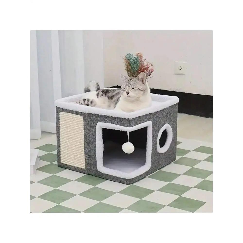 4-Season Multi-Level Cat House: Foldable Indoor Play Cube with 2-Layer Bed, Toy Tunnel, Scratching Board,