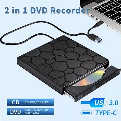 2in1 USB 3.0 Type C External Optical Drives DVD RW CD Writer Reader CD Player for PC Laptop Desktop Portable DVD Burner Recorder
