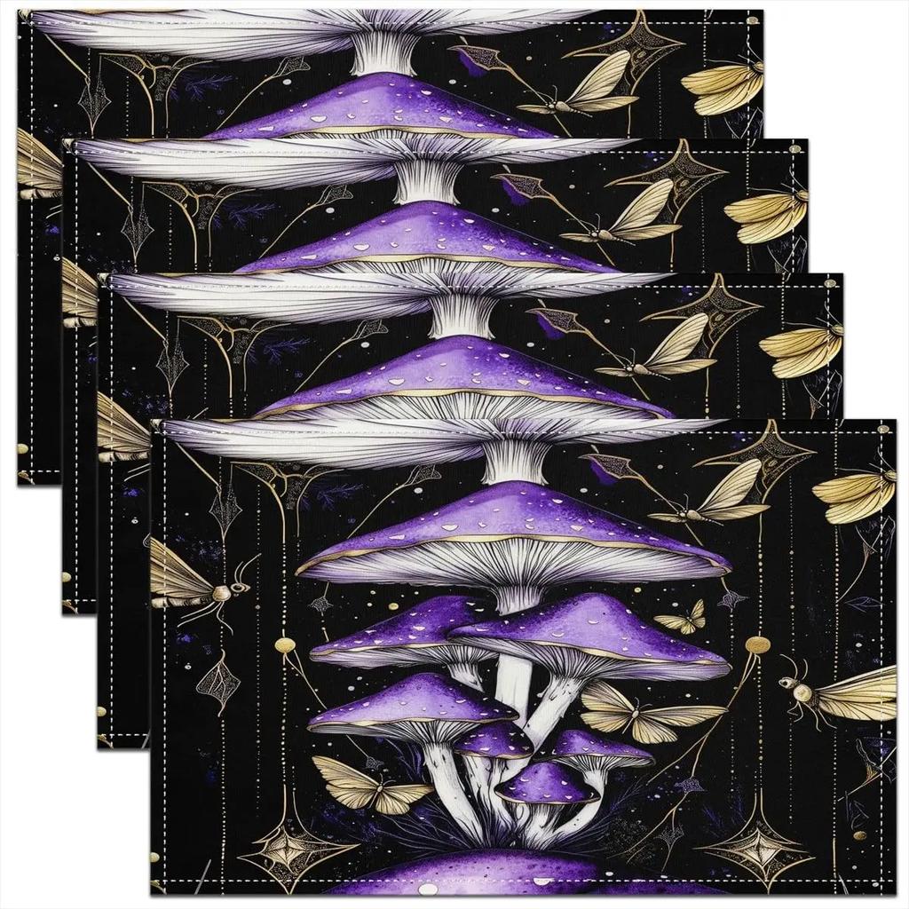 1PC Mushroom Decor Table Place Mats Longleg Mushroom Dragonfly Placemat for Kitchen Dining Table Decor