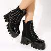 Fashion Fall New Chunky Single Shoes Women's Round Head Suede Side Zipper Front Strap Rivet Thick Sole Non-slip Ankle Boots