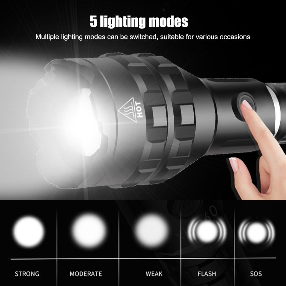 Brightest XHP160 White Flashlight Portable Zoomable Torch USB Rechargeable Powerful Waterproof Lantern Use 18650/26650 Battery