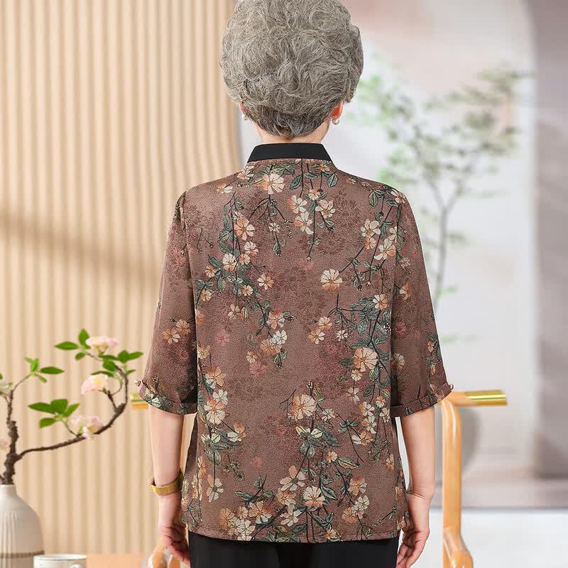Elderly Women's Summer Stand-up Collar Shirt Set