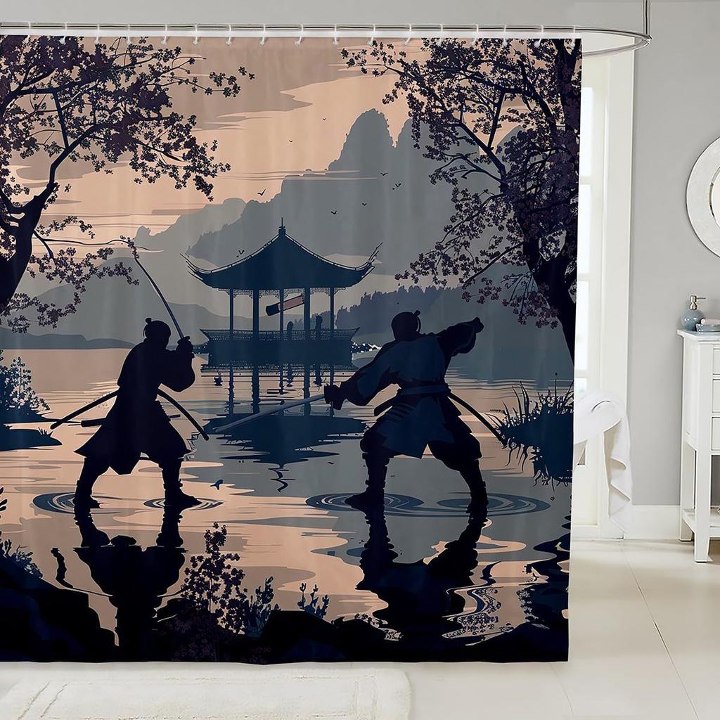 Japanese Samurai Bath Curtain Boys Girls  Landscape Shower Curtain for Kids Women Men Waterproof Sunset Bathroom Shower Curtain