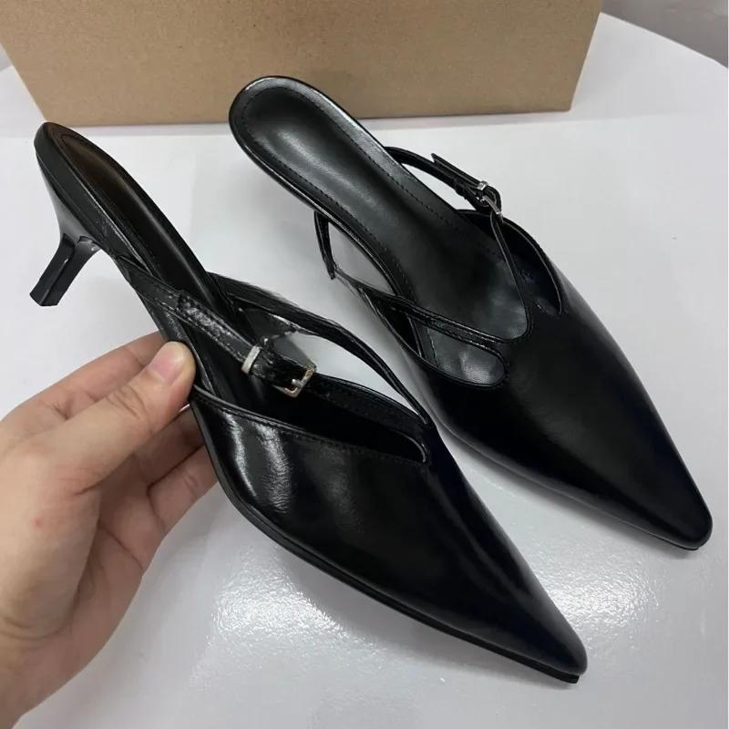 Elegant Pointed Toe Women Mules Shoes Sexy Black Buckle Strap Traf Casual Party Ladies High Heels Sandals  Summer Slingbacks