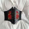 Rose Embroidery Wide French Waist Cincher - Black Elastic Retro Women's Belt