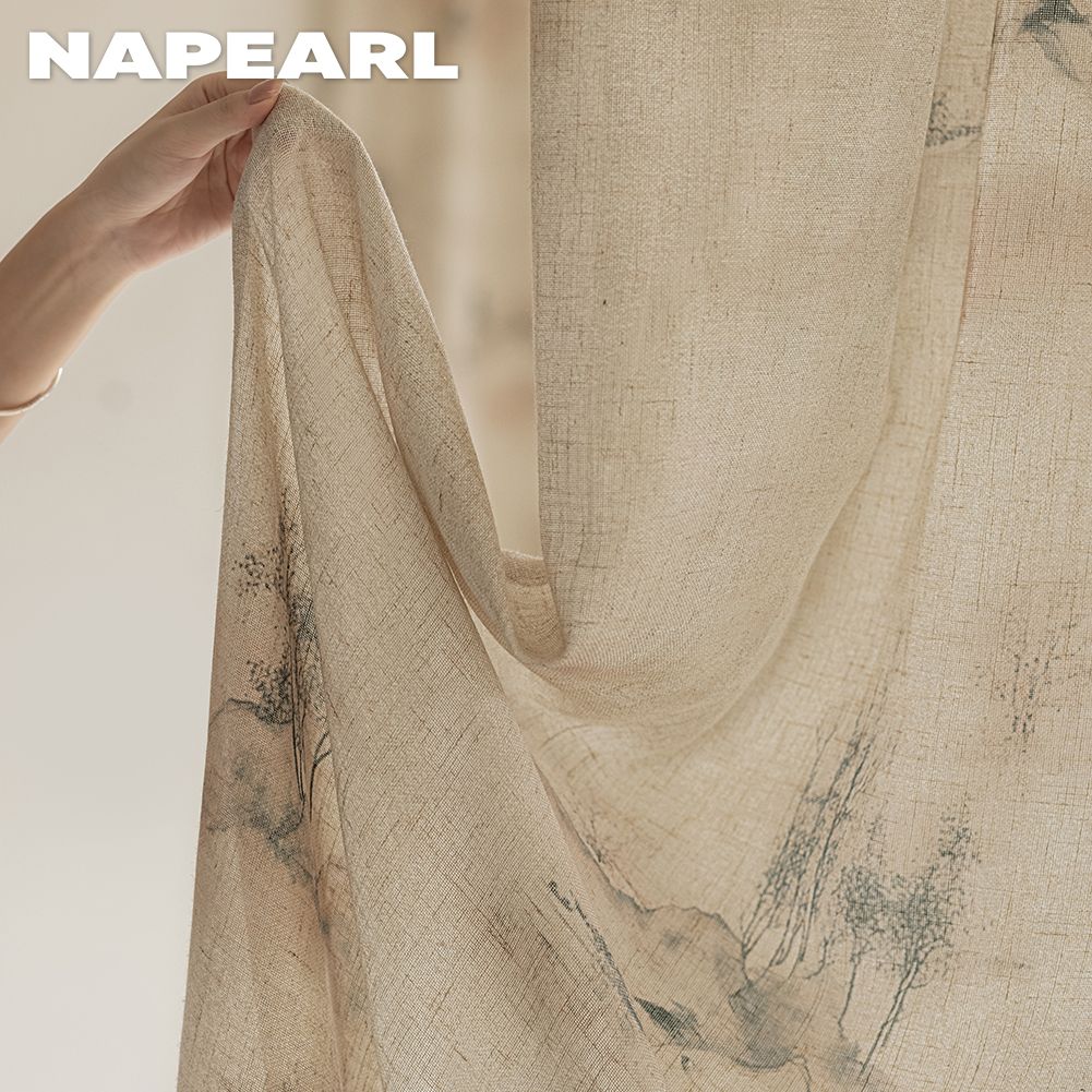 1PC NAPEARL New Chinese Ink Painting Printed Sheer Curtain Imitation Linen Tulle for Living Room Bedroom Balcony Window Home Decor
