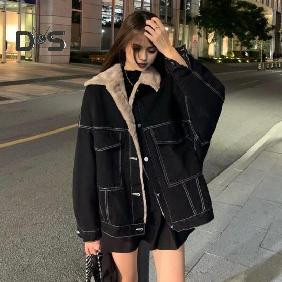 Damenjacke, dick, mit Plüsch gefüttert, einfarbig, mit Taschen, Revers, einreihig, lange Ärmel, warme, lockere Jeansjacke, Outdoor-Mantel für den Alltag