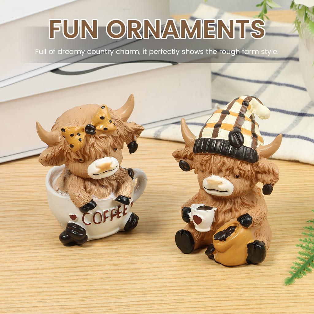 2Pcs Highland Cow Statue Home Ornament Resin Statue Ox Figurine for Home Bookshelf Office Table Decor Figurine As Birthday Gift