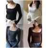 Shirt Square Neck Ribbed Fabric Autumn Bottom Shirt Black Low Neck Women's Shirt Striped Splicing