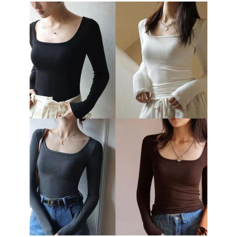 Shirt Square Neck Ribbed Fabric Autumn Bottom Shirt Black Low Neck Women's Shirt Striped Splicing