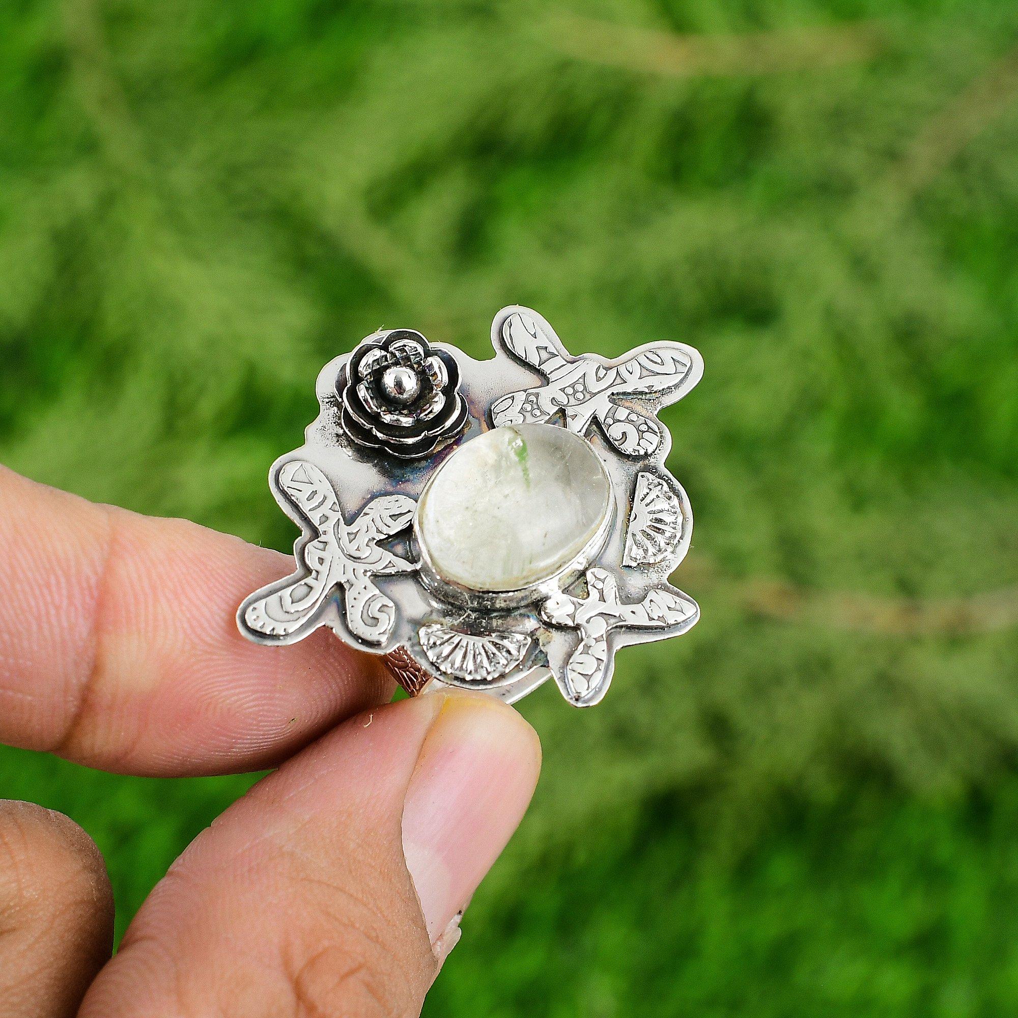

Natural Moonstone Gemstone Stackable Flower Adjustable Ring 925 Silver For Girls Adjustable