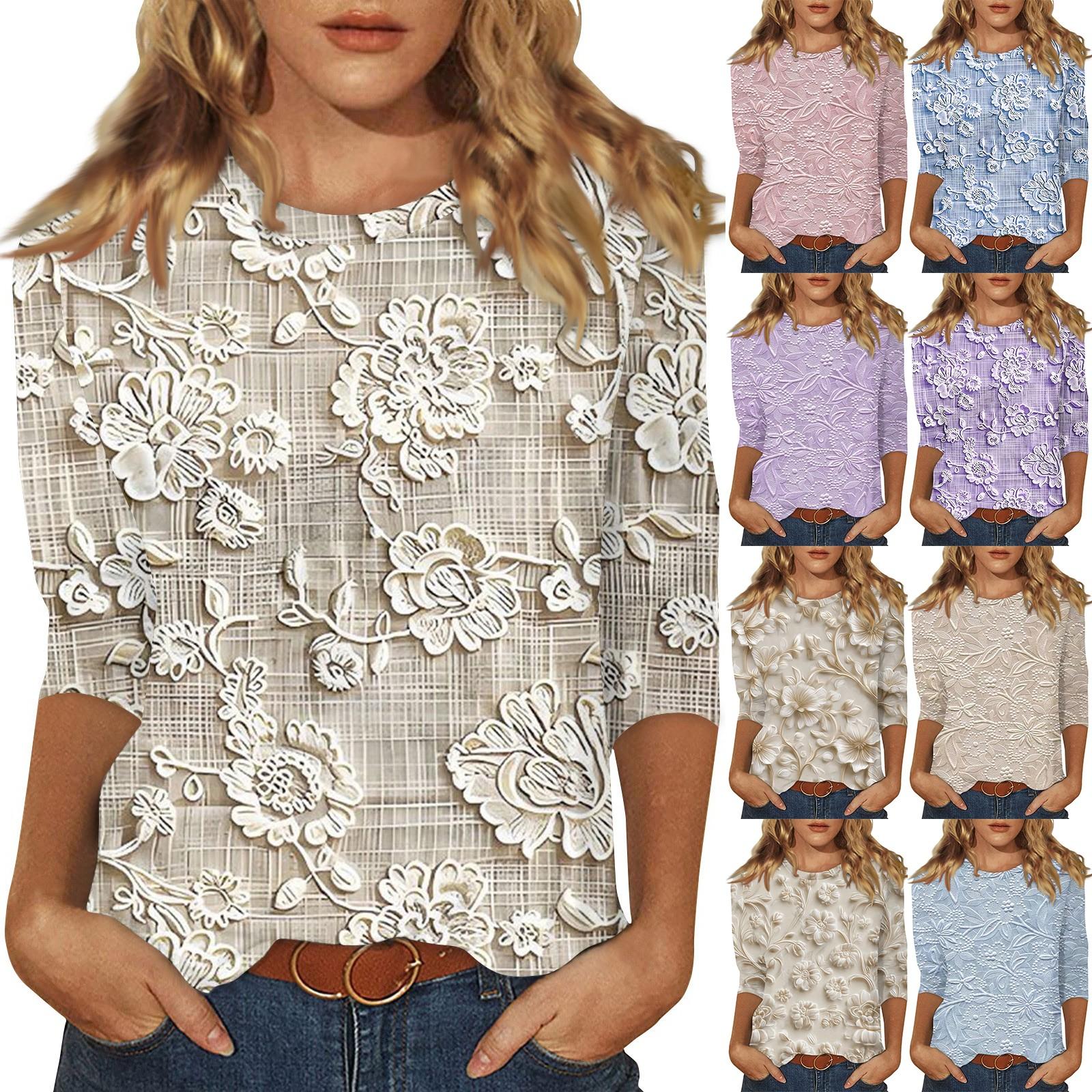 

Women s Fashion Casual Round Neck 3/4 Sleeve Loose Printed T-Shirt Ladies Top S бежевий