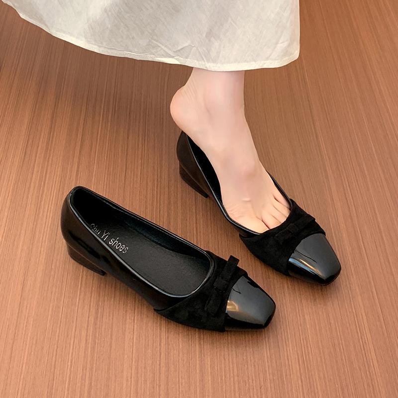 Fashion New Fashion Stitching Woolen Women's Basic Black Soft Leather Ballet Shoes Flats Shoes Round Toe Shallow Bow Ballet Single Shoes
