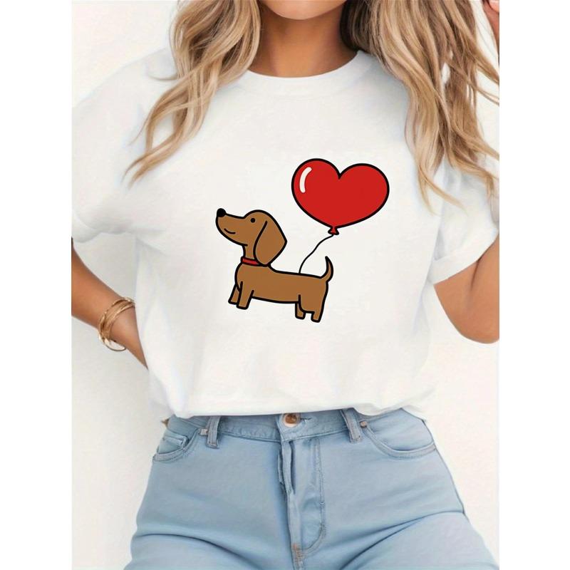 

European Size Women s White Short Sleeve T-Shirt, Dachshund & Red Heart Print, Casual Crew Neck, Slight Stretch Summer Top 4XL