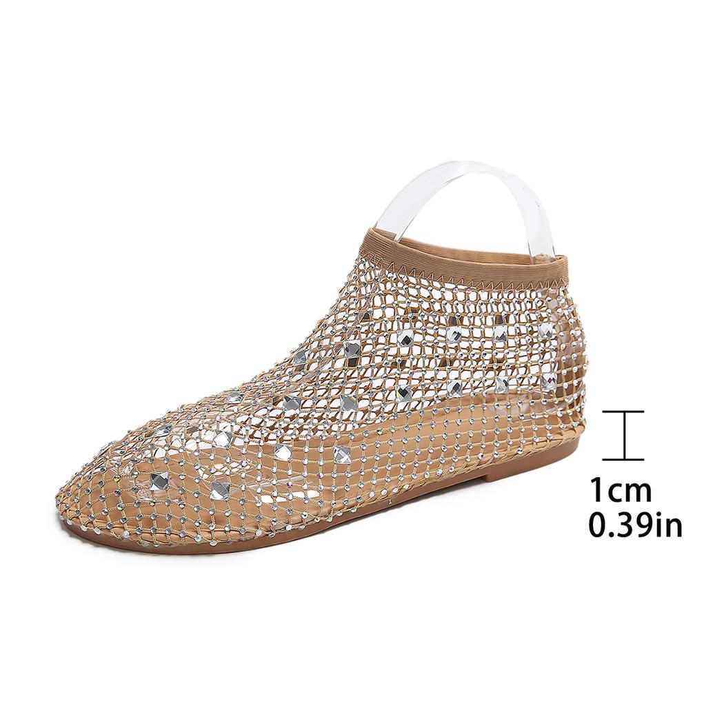 Fashion Low-cut Women's Flat Sandals Summer Mesh Hollow Breathable Outdoor Beach Fashion Rhinestone Decorative Baotou Sandals.