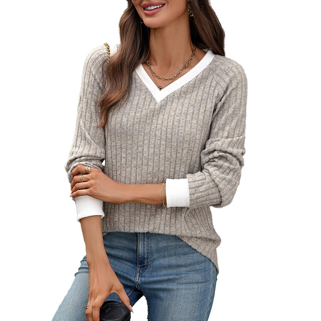 2025 Autumn and Winter New V-neck Loose Long-sleeved T-shirt Tops for Women