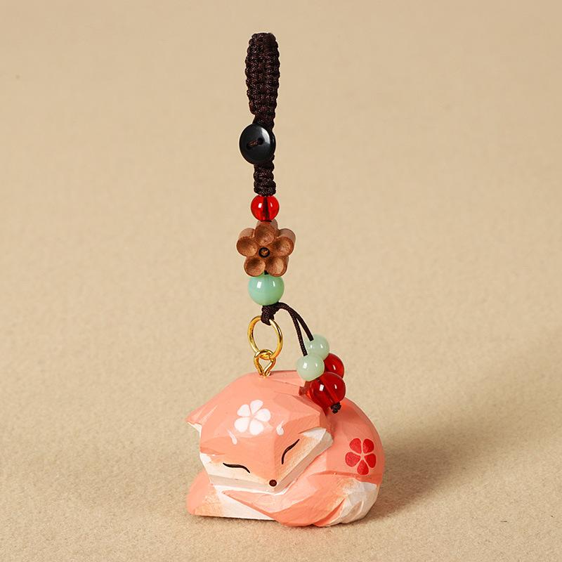 Lucky Fox Wood Carving Keyring, Handcrafted Animal Charm with Boxwood & Aventurine